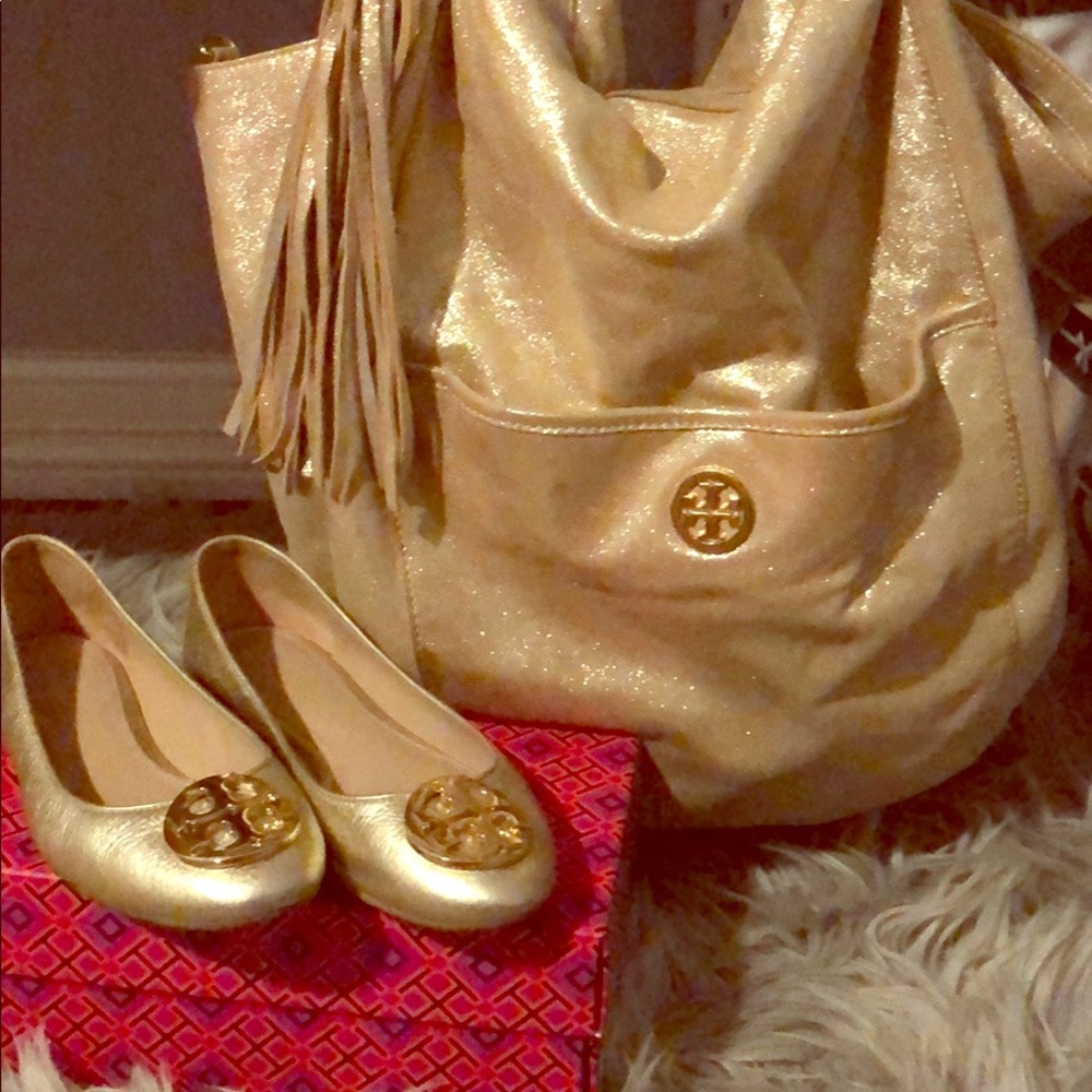 Tory Burch matching flats and bag in metallic gold
